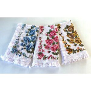 Vintage 70s hand towels set, terrycloth floral, flower power, Simpson's, for 3